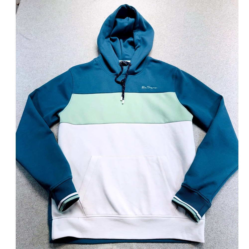 Ben Sherman Mens L Colorblock Pullover Hoodie Blue Green White Logo Classic Mod